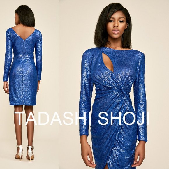 BNWT TADASHI SHOJI SOLSA DRAPED SEQUIN DRESS LONG SLEEVE SEATHPARTY METALLIC